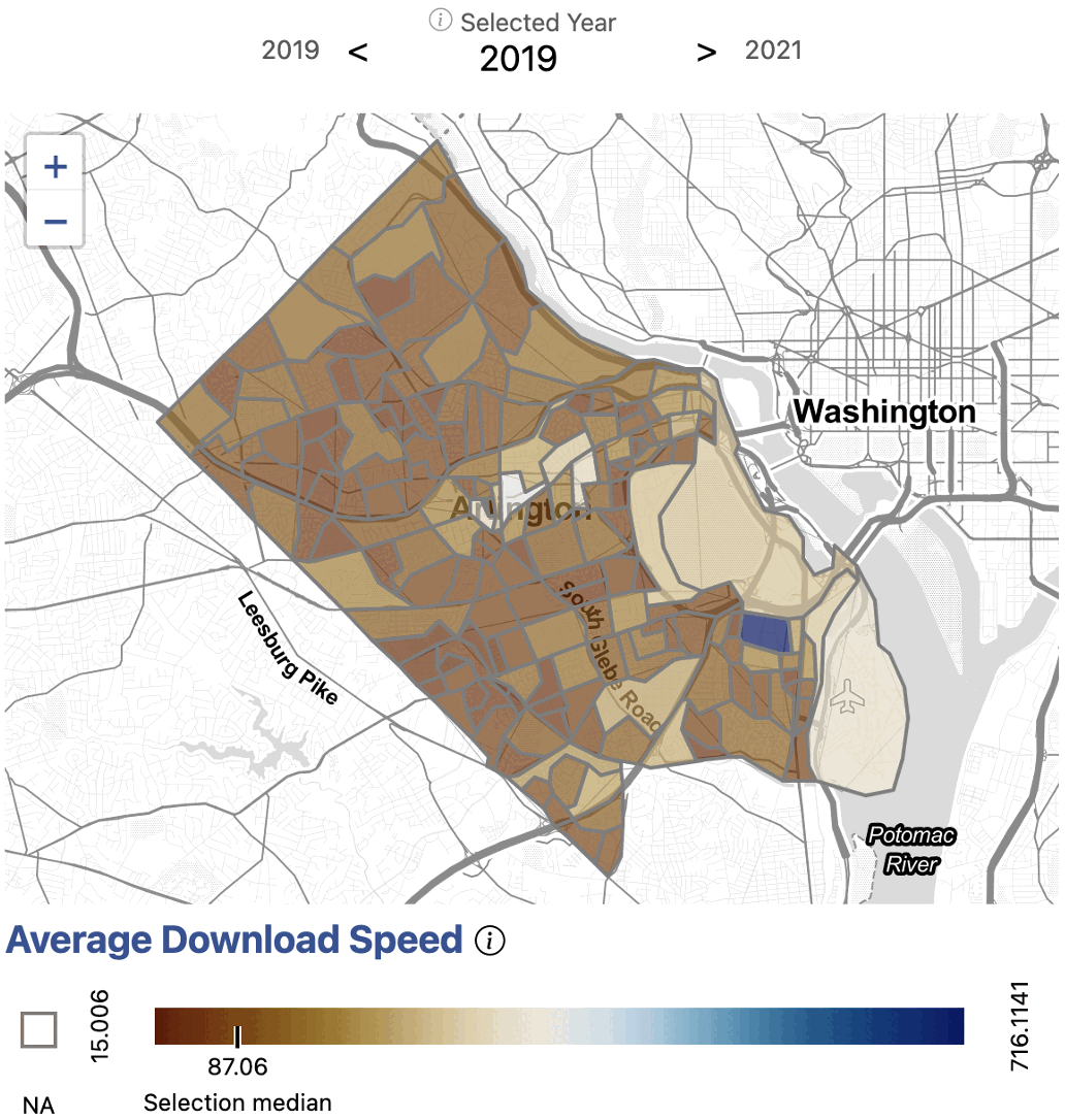 Average download speeds by block group in Arlington County