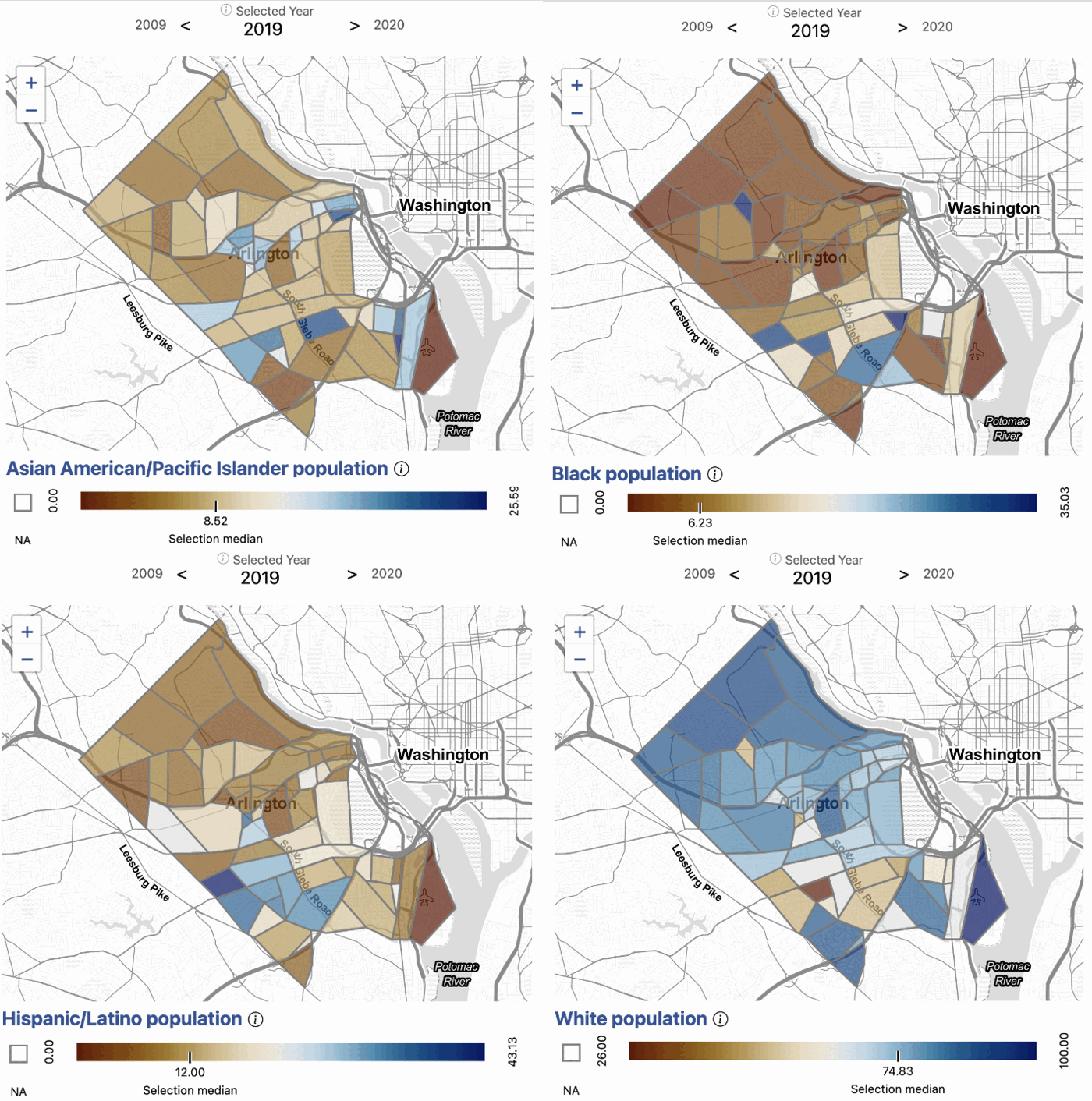 Four maps of racial and ethnic composition by tract in Arlington County