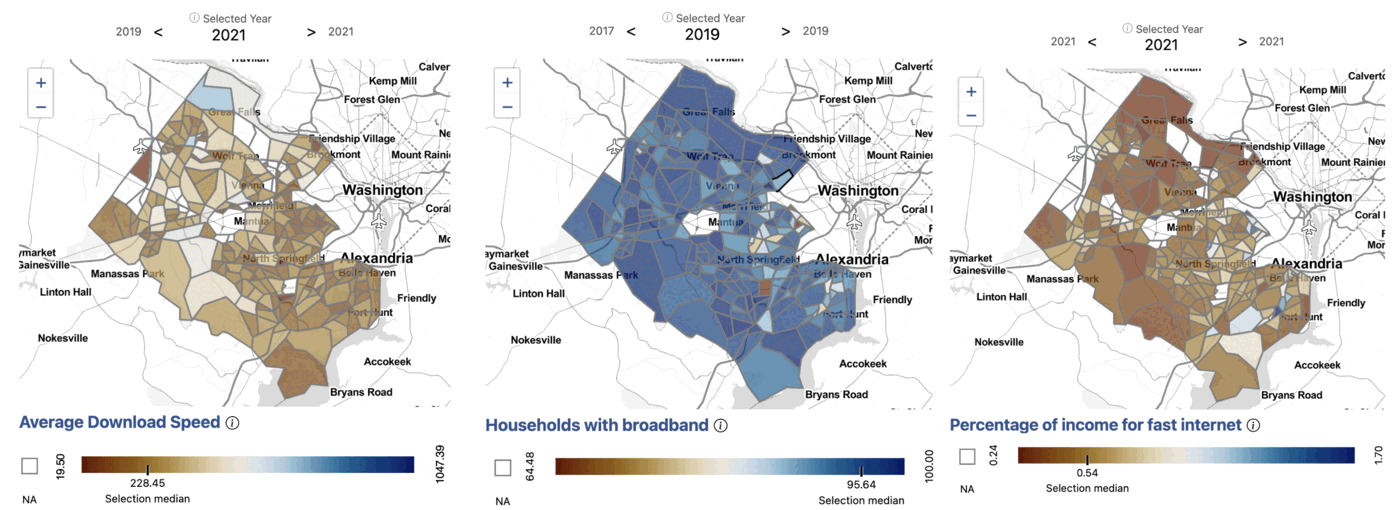 Three maps of broadband speed, adoption, and cost burden by tract in Fairfax County