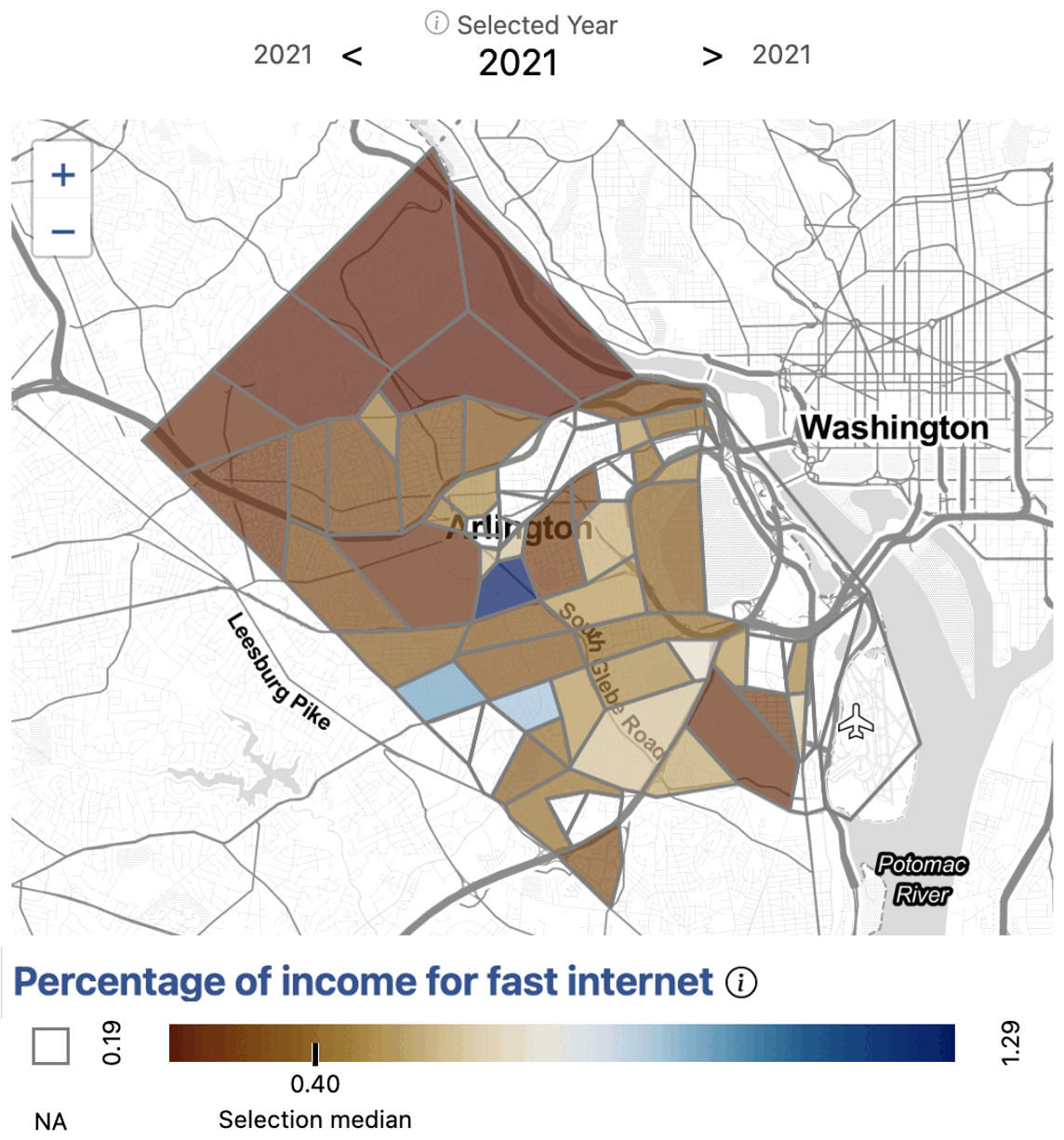 Price of fast Internet as a percentage of income by tract in Arlington County