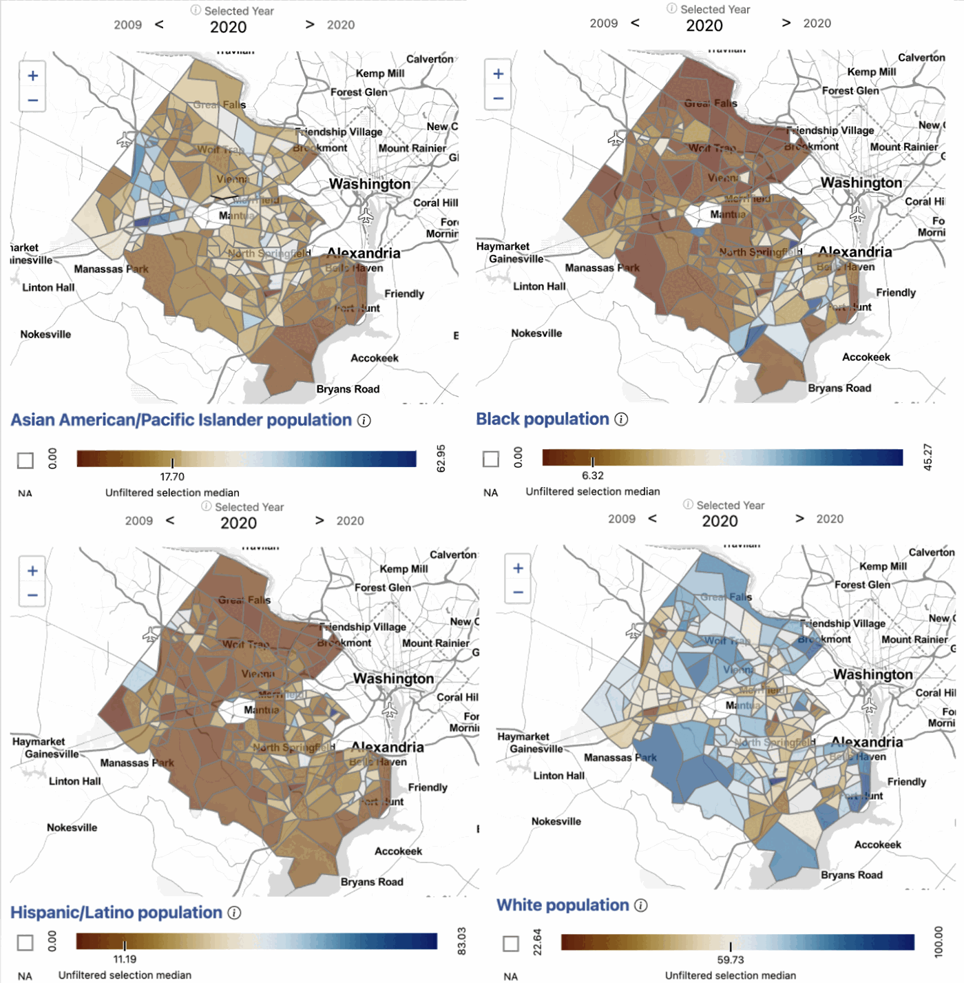 Four maps of racial and ethnic composition by tract in Fairfax County