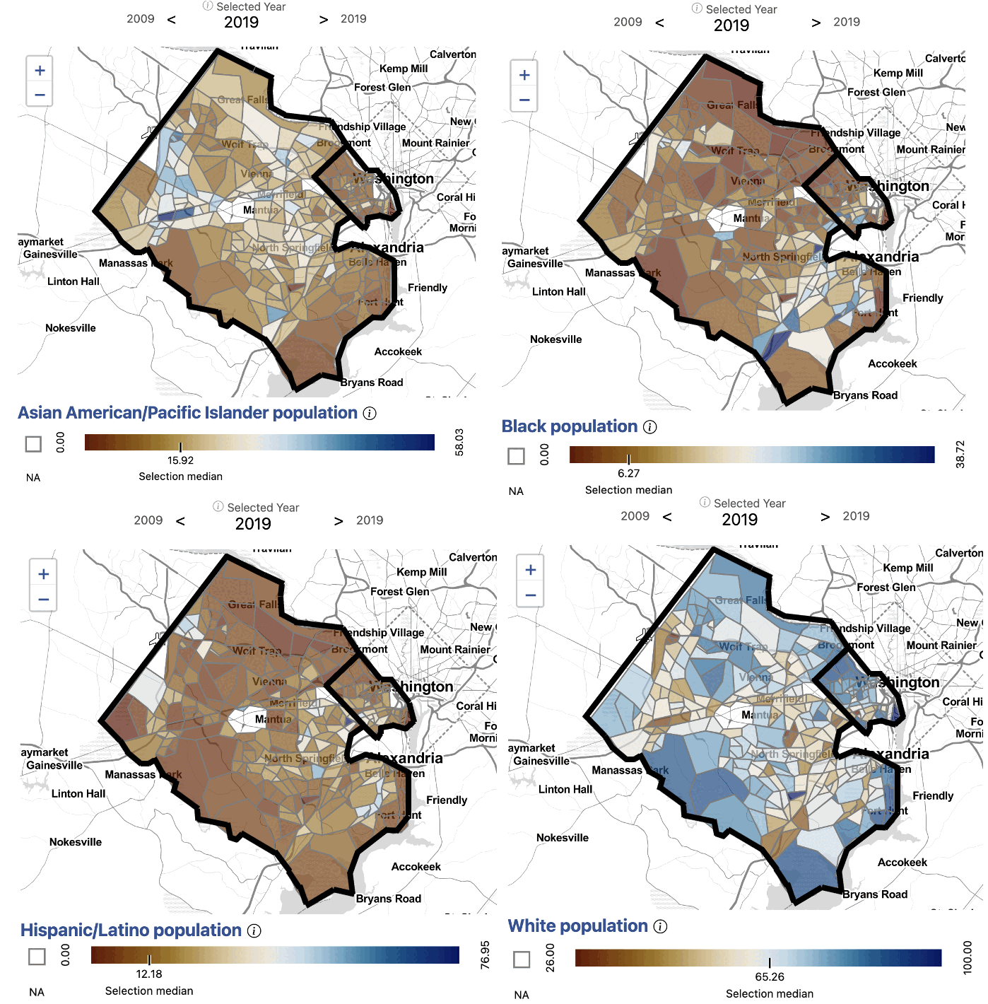Four maps of racial and ethnic composition by tract in Arlington and Fairfax Counties