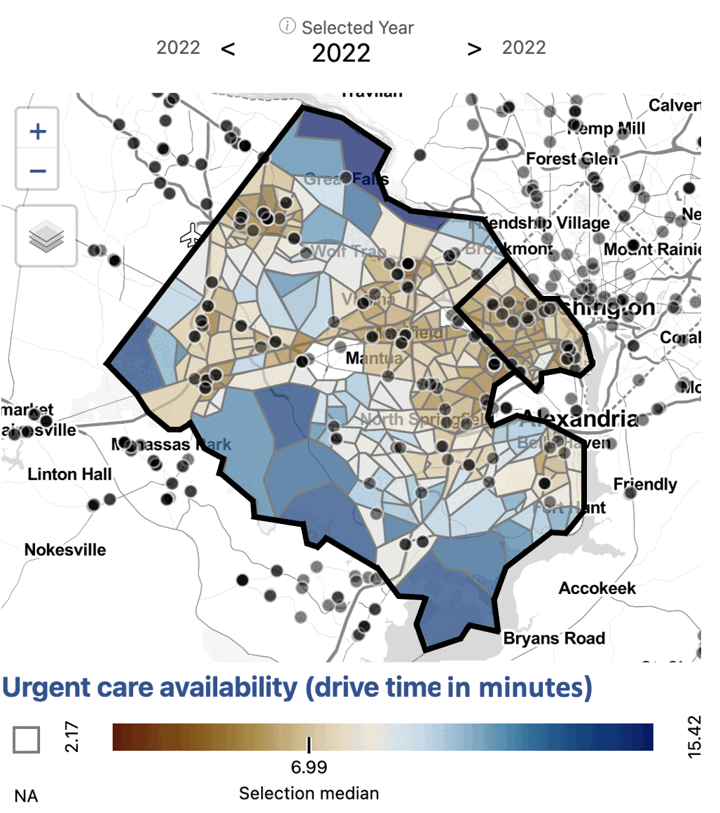 Median drive time to the ten nearest urgent care facilities by tract