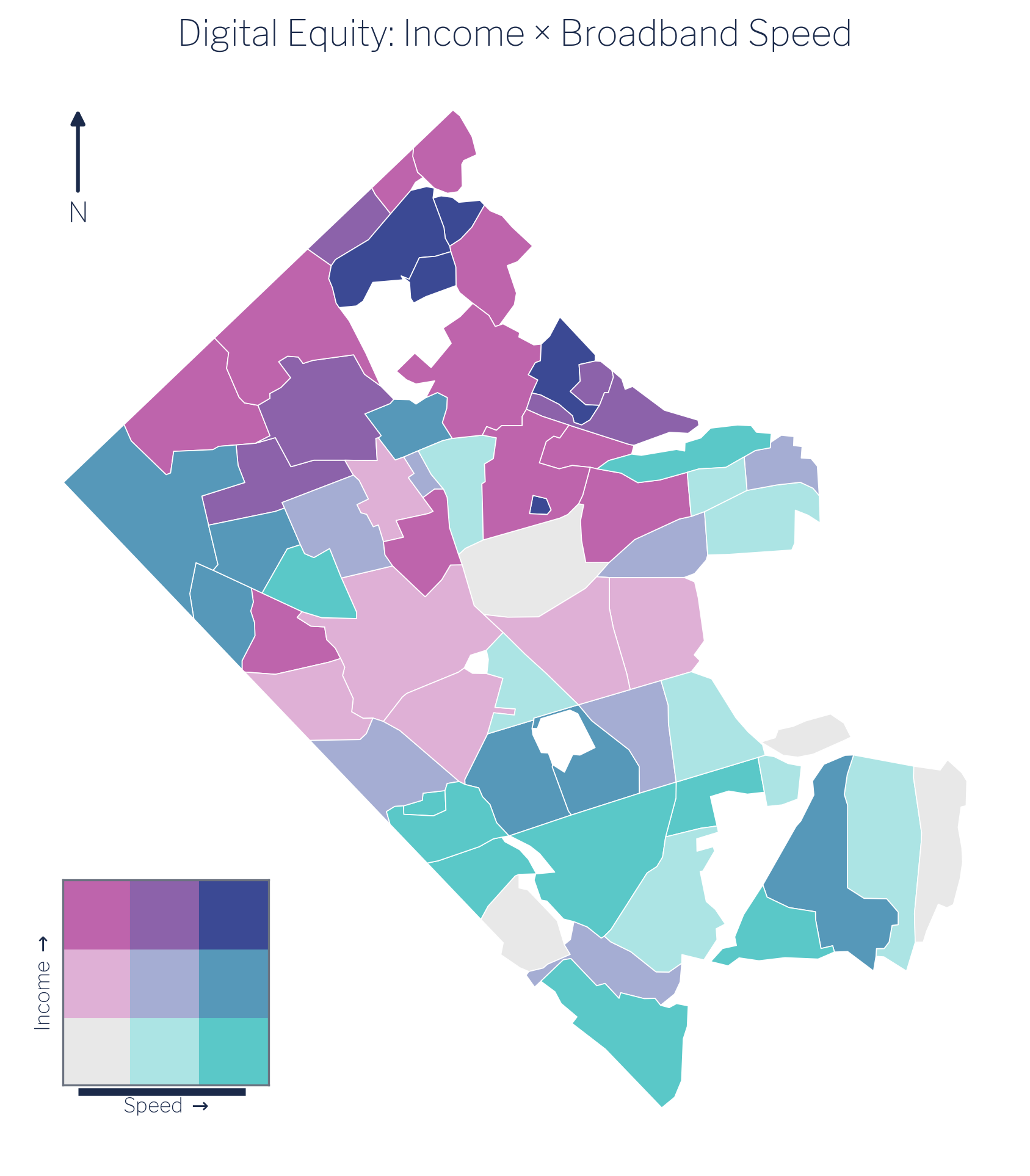 Bivariate map of income by broadband speed across Arlington's 62 civic associations